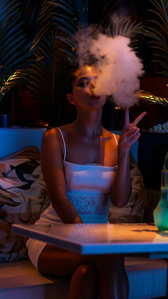 Junge Frau im weißen Kleid raucht Shisha und macht ein Peace-Zeichen in einer stimmungsvoll beleuchteten Shisha bar hamburg innenstadt.
