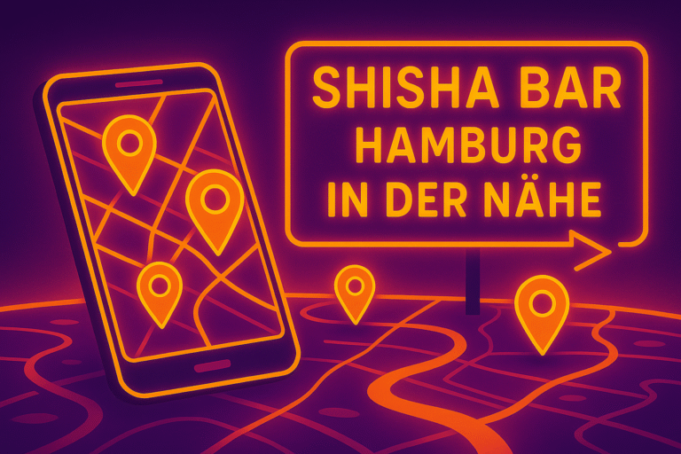 Neonfarbene Illustration mit Smartphone-Karte, Standort-Pins und Leuchtschild „Shisha Bar Hamburg in der Nähe“.