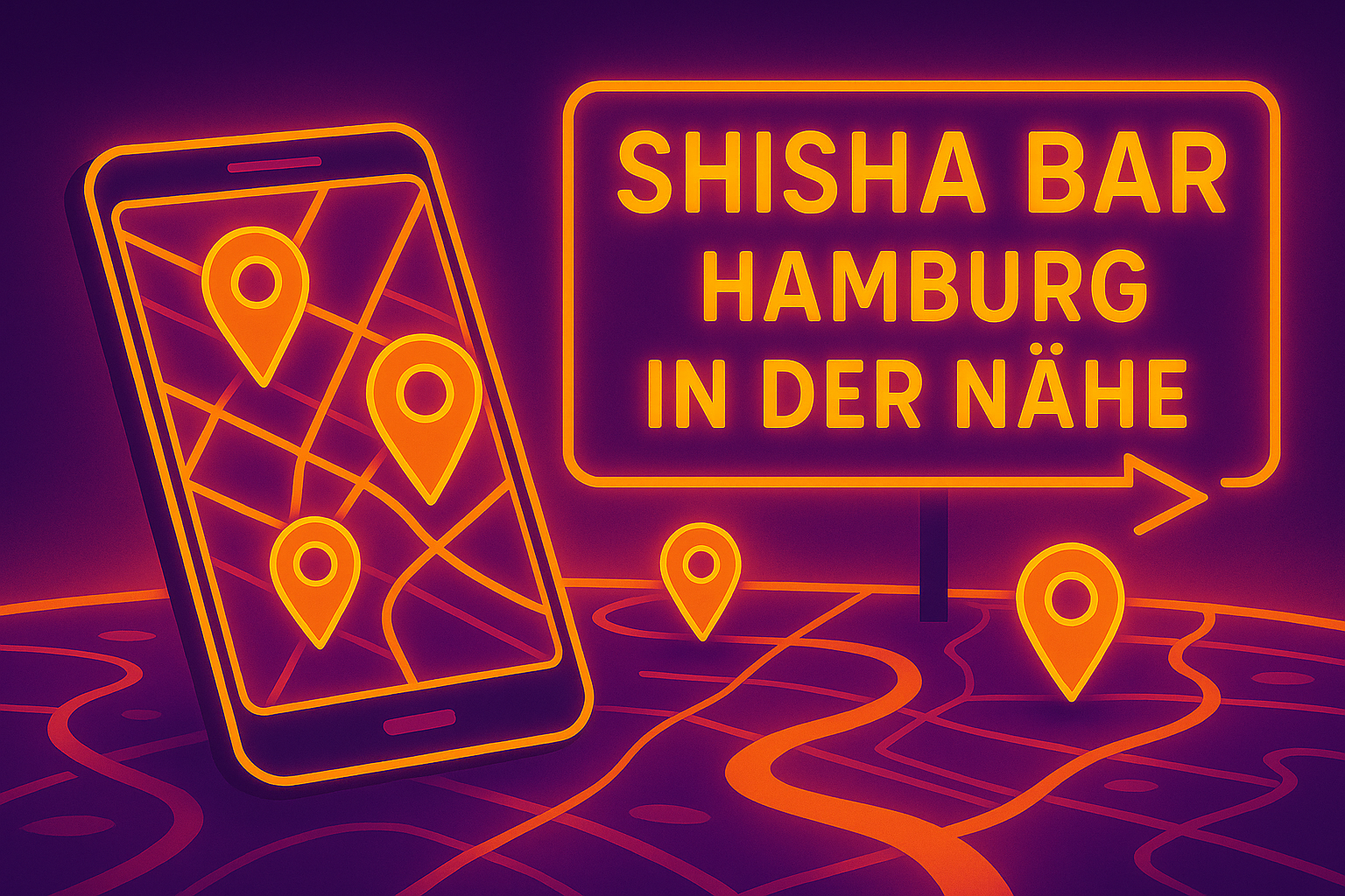 Neonfarbene Illustration mit Smartphone-Karte, Standort-Pins und Leuchtschild „Shisha Bar Hamburg in der Nähe“.