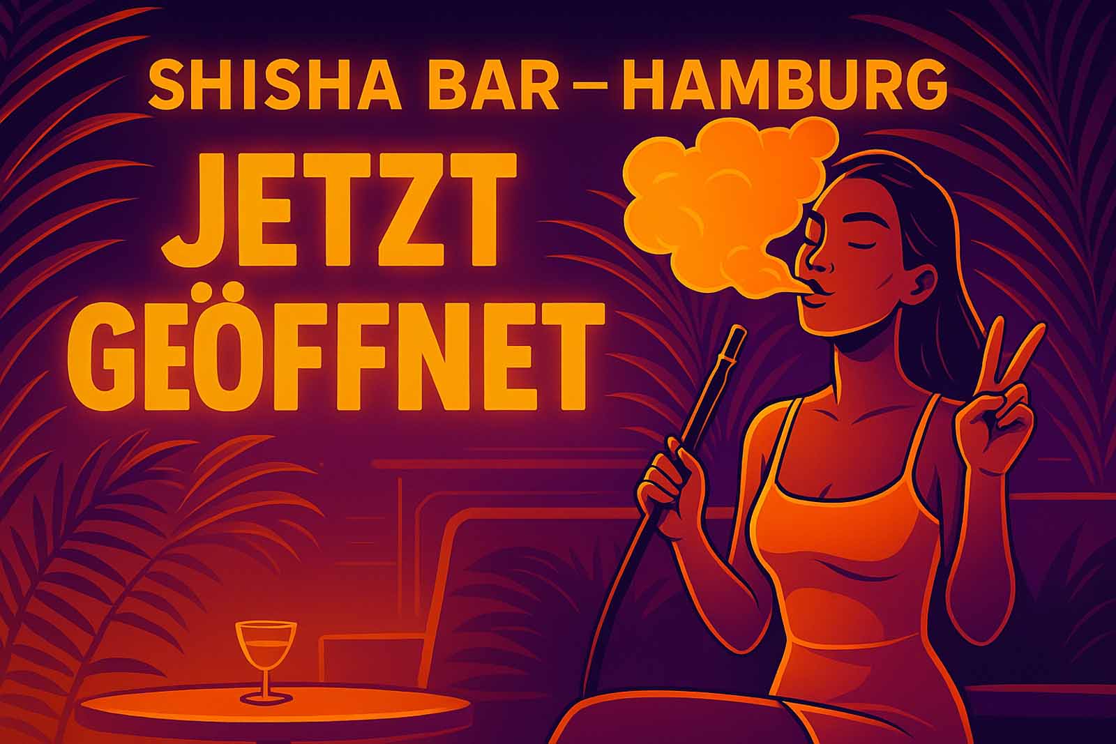 Werbegrafik in warmen Violett- und Orangetönen: „Shisha Bar Hamburg JETZT GEÖFFNET“ – daneben eine stilisierte Frau, die Shisha raucht und ein Peace-Zeichen zeigt.